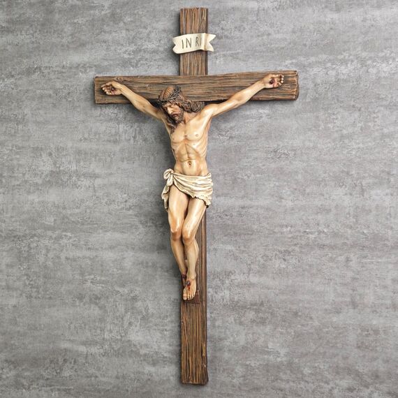BC Katholisches Kruzifix-Wandkreuz, Jesus Christus, inspirierende Heimdekoration, frommes Geschenk, 52 cm hoch, Renaissance-Skulptur, handgefertigt von Buildclassic