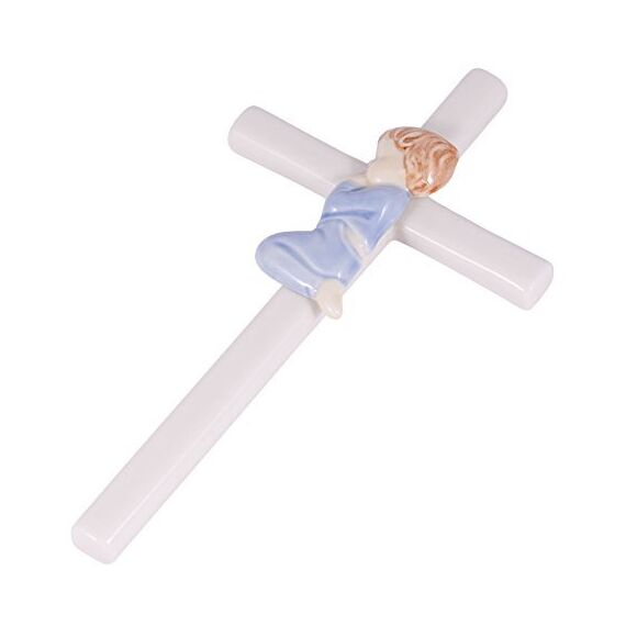 Roman Wandkreuz aus Porzellan, handbemalt, glasiert, 19 cm, Blau