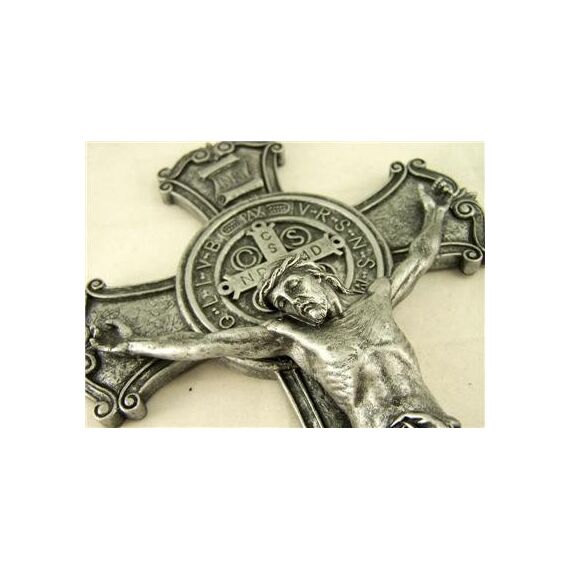 Roman St. Benedikt Mauer Kreuz Kruzifix Medaille katholisches Haus Exorzismus Relief Wandbild, 26,7 cm hoch, silberfarben, Schlafzimmer Dekoration