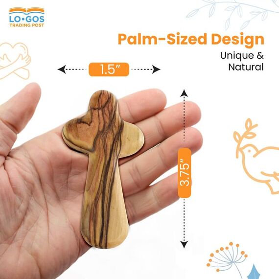 Zertifiziertes Holy Land Olivenholz Handheld Komfort Kreuz aus Israel. Samtbeutel, Meditationsheft, Lesezeichen und Echtheitszertifikat im Lieferumfang enthalten. Klammerndes Palmenkreuz Medium