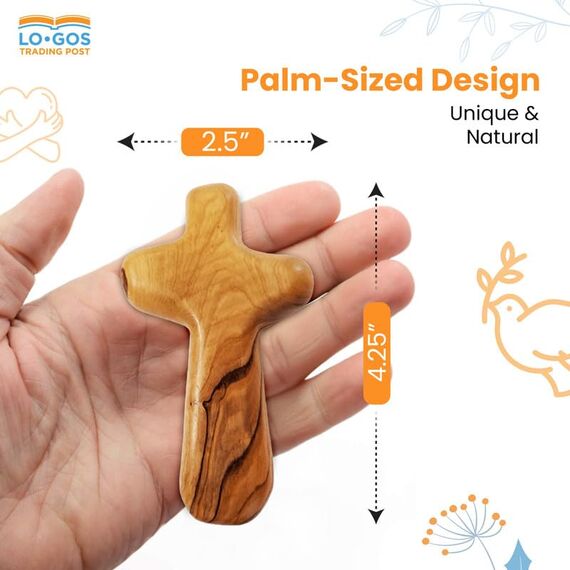 Handkreuz aus Israel aus Olivenholz, zertifiziertes Heiliges Land, 10,8 cm, Samtbeutel, Meditationsheft, Lesezeichen und Echtheitszertifikat, 10 Stück