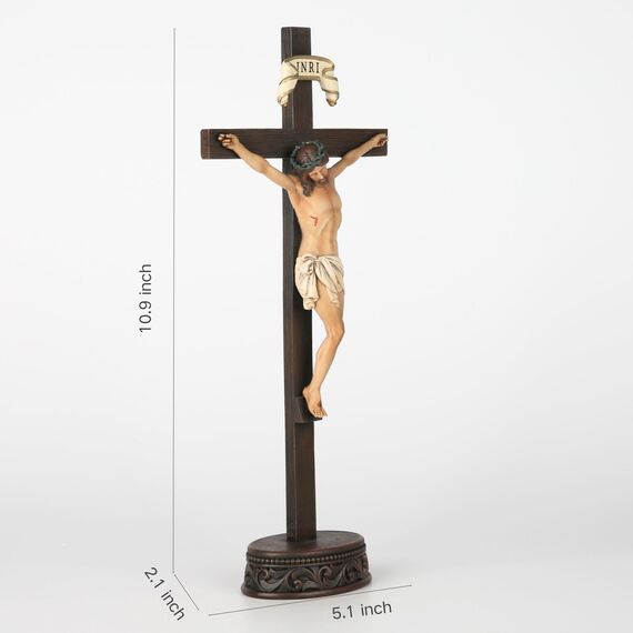 BC Katholisches Kruzifix, stehendes Kreuz, Jesus Christus, Tischdekoration, religiöses Geschenk, Holzschnitzerei, realistisches Finish, 27,7 cm hoch, handbemalt von Buildclassic