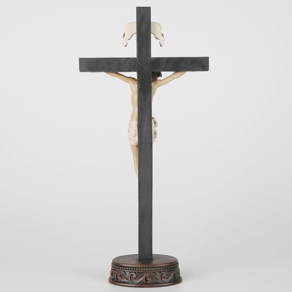 BC Katholisches Kruzifix, stehendes Kreuz, Jesus Christus, Tischdekoration, religiöses Geschenk, Holzschnitzerei, realistisches Finish, 27,7 cm hoch, handbemalt von Buildclassic