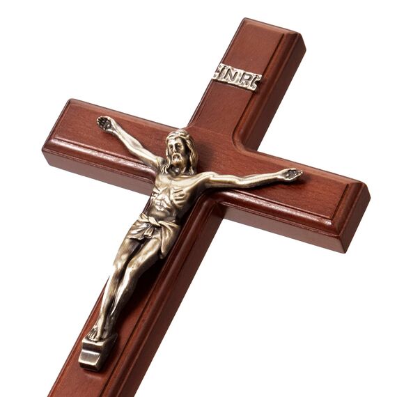 ARCHOBAN Kruzifix Wandkreuz katholisch, 30,5 cm Holzkreuz Wanddekoration – Braun + Antik Messing