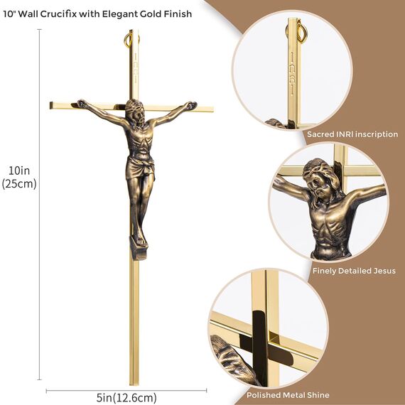 horsemen Kruzifix Wandkreuz - Metall schlanke Wandkreuze für Zuhause und katholisches Geschenk - 25,4 cm - glänzend gold