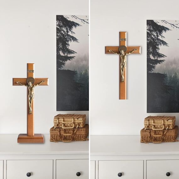 KUXBET Katholisches Kruzifix-Kreuz, 27,2 cm, Holz, Jesus Christus, Wandkreuz, Ständer, zum Aufhängen oder Tischplatte mit Ständer, für Heimdekoration (27,2 cm L x 12,7 cm B)