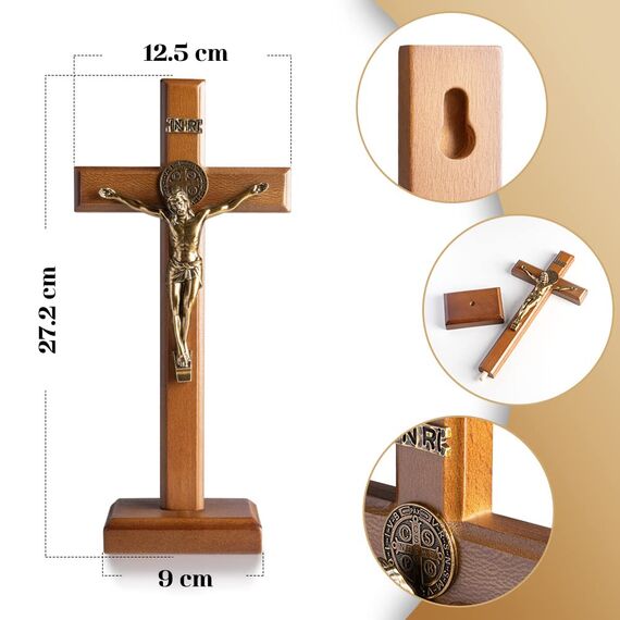 KUXBET Katholisches Kruzifix-Kreuz, 27,2 cm, Holz, Jesus Christus, Wandkreuz, Ständer, zum Aufhängen oder Tischplatte mit Ständer, für Heimdekoration (27,2 cm L x 12,7 cm B)