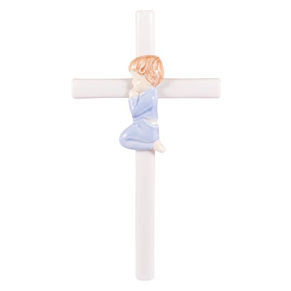 Roman Wandkreuz aus Porzellan, handbemalt, glasiert, 19 cm, Blau