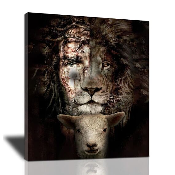 Jesus-Bilder für Wandbilder von Jesus, religiöse Gemälde, Leinwand-Kunst, König der Löwen Jesus und Lamm, Wanddekoration, Jesus-Kunstwerk, religiöse Heimdekoration, braun, Wohnzimmer, Kirche