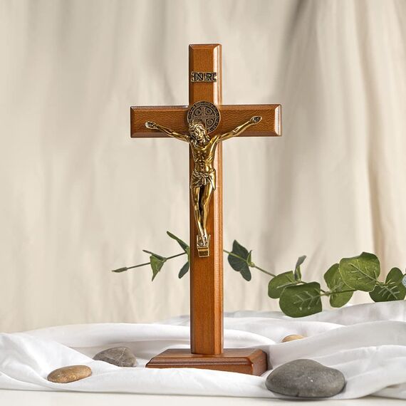 KUXBET Katholisches Kruzifix-Kreuz, 27,2 cm, Holz, Jesus Christus, Wandkreuz, Ständer, zum Aufhängen oder Tischplatte mit Ständer, für Heimdekoration (27,2 cm L x 12,7 cm B)