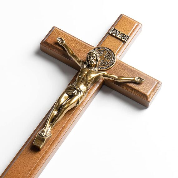 KUXBET Katholisches Kruzifix-Kreuz, 27,2 cm, Holz, Jesus Christus, Wandkreuz, Ständer, zum Aufhängen oder Tischplatte mit Ständer, für Heimdekoration (27,2 cm L x 12,7 cm B)