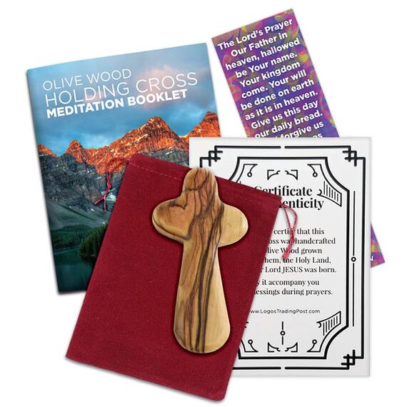 Zertifiziertes Holy Land Olivenholz Handheld Komfort Kreuz aus Israel. Samtbeutel, Meditationsheft, Lesezeichen und Echtheitszertifikat im Lieferumfang enthalten. Klammerndes Palmenkreuz Medium