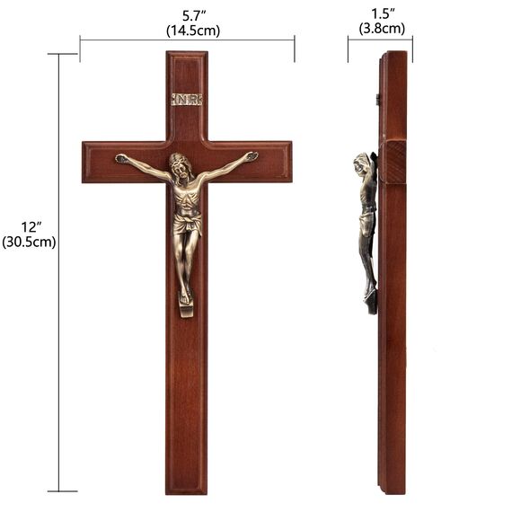 ARCHOBAN Kruzifix Wandkreuz katholisch, 30,5 cm Holzkreuz Wanddekoration – Braun + Antik Messing