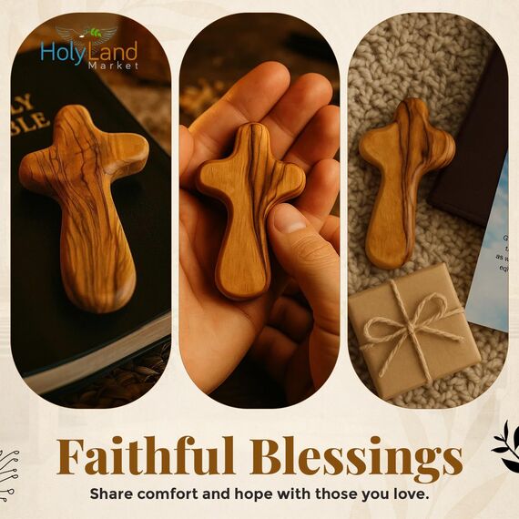 Holy Land Market Taschenkreuze aus Olivenholz, 6,3 cm, handgefertigt, Jerusalem-Kruzifix, christliche Geschenke mit Urkunden und Gebetskarte, 100 Kreuze aus Olivenholz, 100 Stück