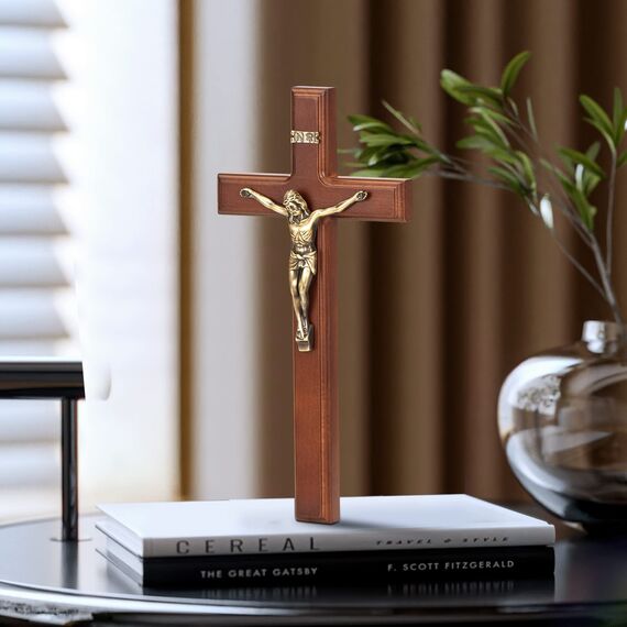 ARCHOBAN Kruzifix Wandkreuz katholisch, 30,5 cm Holzkreuz Wanddekoration – Braun + Antik Messing