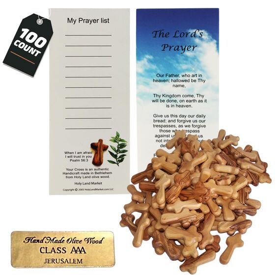 Holy Land Market Taschenkreuze aus Olivenholz, 6,3 cm, handgefertigt, Jerusalem-Kruzifix, christliche Geschenke mit Urkunden und Gebetskarte, 100 Kreuze aus Olivenholz, 100 Stück
