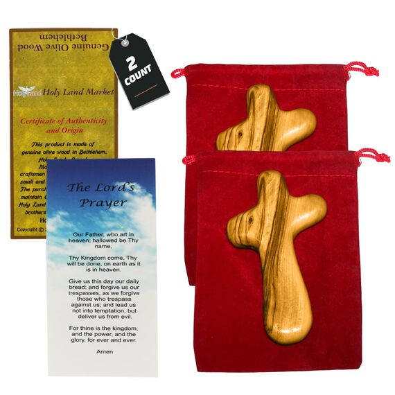 2 Handkreuze aus Olivenholz mit Geschenktüten (mit rotem oder schwarzem Samtbeutel) von Bethlehem