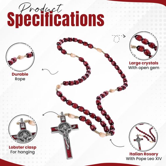 Hergestellt in Italien, Rosenkranz gesegnet von Papst Franziskus, Vatikan, Rom, Heiliger Vater, Kreuz, Heiliger Benedikt, Schutzpatron der Studenten, Löten, Abhängigkeit von Addiction (rot).
