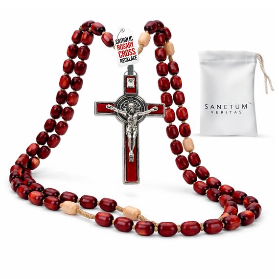 Hergestellt in Italien, Rosenkranz gesegnet von Papst Franziskus, Vatikan, Rom, Heiliger Vater, Kreuz, Heiliger Benedikt, Schutzpatron der Studenten, Löten, Abhängigkeit von Addiction (rot).