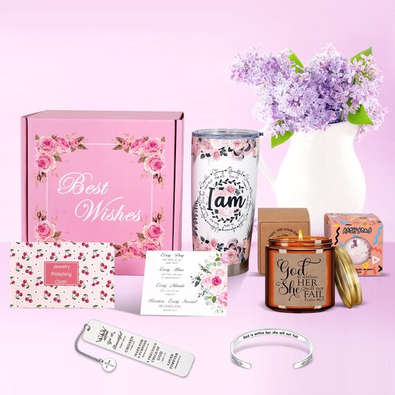 AYGE Christliche Geschenke für Frauen: 7-teiliges Set mit 20 oz Edelstahlbecher, Kerze, Lesezeichen & mehr - Modern, Glitzer, Vakuumisoliert, Wiederverwendbar, Hochzeit, Ruhestand