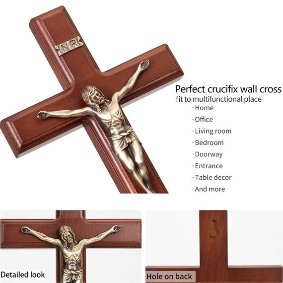 ARCHOBAN Kruzifix Wandkreuz katholisch, 30,5 cm Holzkreuz Wanddekoration – Braun + Antik Messing