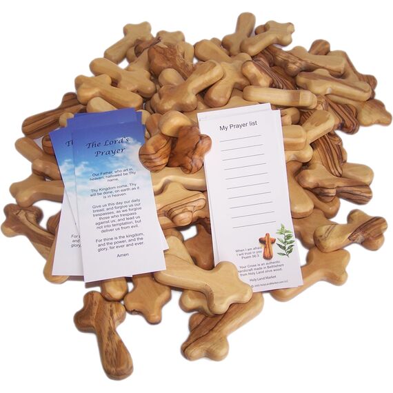 Holy Land Market Taschenkreuze aus Olivenholz, 6,3 cm, handgefertigt, Jerusalem-Kruzifix, christliche Geschenke mit Urkunden und Gebetskarte, 100 Kreuze aus Olivenholz, 100 Stück