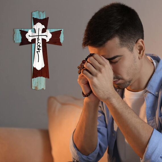 Christliches Wandkreuz dekoratives HolzWandkreuz zum Aufhängen, rustikal, mehrlagig, verwitterte Holzoptik, spirituelle Kunstskulptur, Bauernhaus, spirituelle Kunst für Zuhause, religiös, drinnen