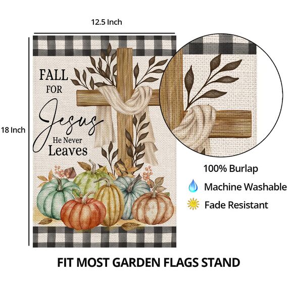 Thanksgiving-Kreuz-Gartenflagge, 30.5x45.7 cm, doppelseitig, religiöses Kreuz, Herbst für Jesus, Büffelkaro mit Kürbisen, kleine Hofflaggen für draußen, Urlaub, Bauernhaus im Freien