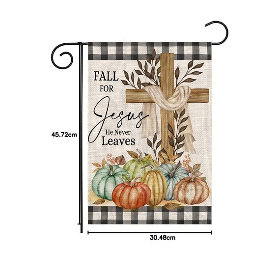 Thanksgiving-Kreuz-Gartenflagge, 30.5x45.7 cm, doppelseitig, religiöses Kreuz, Herbst für Jesus, Büffelkaro mit Kürbisen, kleine Hofflaggen für draußen, Urlaub, Bauernhaus im Freien