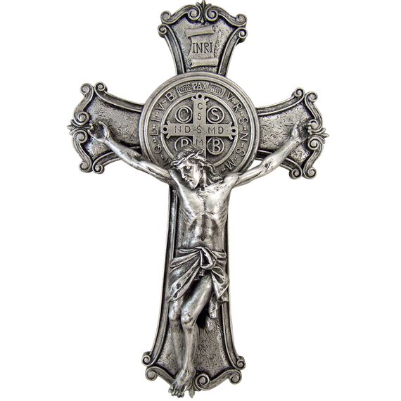 Roman St. Benedikt Mauer Kreuz Kruzifix Medaille katholisches Haus Exorzismus Relief Wandbild, 26,7 cm hoch, silberfarben, Schlafzimmer Dekoration
