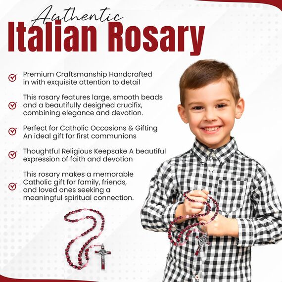 Hergestellt in Italien, Rosenkranz gesegnet von Papst Franziskus, Vatikan, Rom, Heiliger Vater, Kreuz, Heiliger Benedikt, Schutzpatron der Studenten, Löten, Abhängigkeit von Addiction (rot).