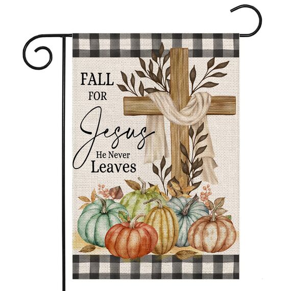 Thanksgiving-Kreuz-Gartenflagge, 30.5x45.7 cm, doppelseitig, religiöses Kreuz, Herbst für Jesus, Büffelkaro mit Kürbisen, kleine Hofflaggen für draußen, Urlaub, Bauernhaus im Freien