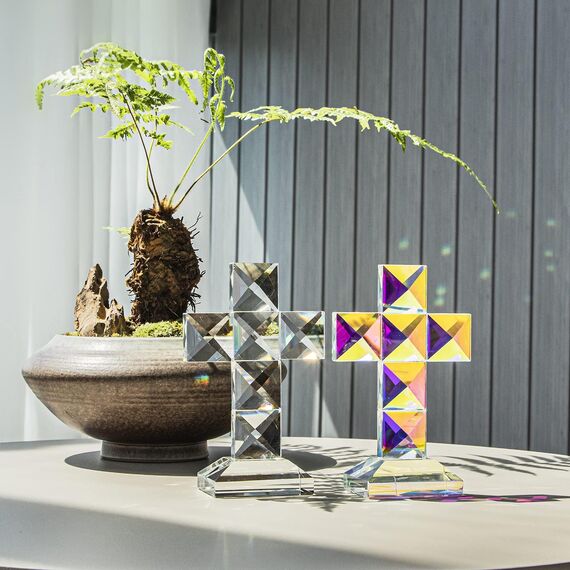 QFkris Traditionelles stehendes Kristallkreuz, transparent, 12,7 cm hoch, Glasfigur, christliche Dekoration für Mutter, Damen, Mann