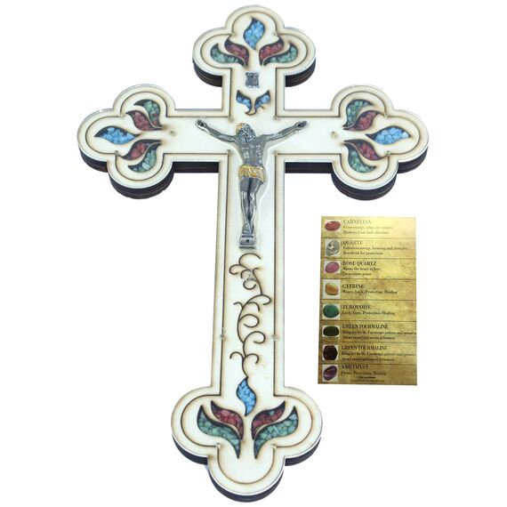 Holylandmarket Geätztes Kruzifix aus Bethlehem gefüllt mit Halbedelsteinen aus dem Heiligen Land mit Steinen auf Karte, dichtes Holz, mehrfarbig Kruzifix, 29,9 cm