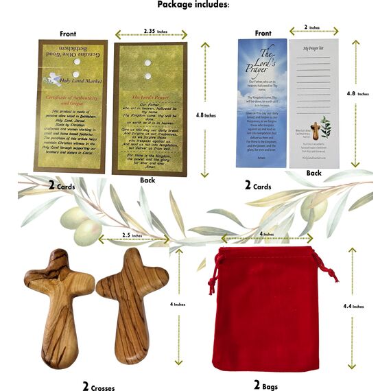 2 Handkreuze aus Olivenholz mit Geschenktüten (mit rotem oder schwarzem Samtbeutel) von Bethlehem