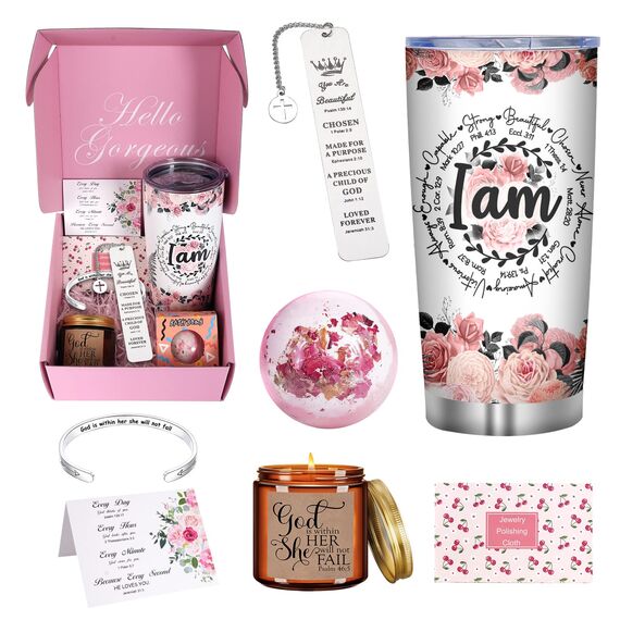AYGE Christliche Geschenke für Frauen: 7-teiliges Set mit 20 oz Edelstahlbecher, Kerze, Lesezeichen & mehr - Modern, Glitzer, Vakuumisoliert, Wiederverwendbar, Hochzeit, Ruhestand