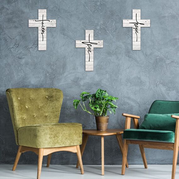3 Stück Glaube Liebe Hoffnung Kreuz Schild Holz Wandbehang Kreuz Rustikale Kreuz Wanddekoration Vintage Kreuz Wandkunst Religiöse Liebe Kreuz Wanddekor Bauernhaus Haus Hängende Dekor