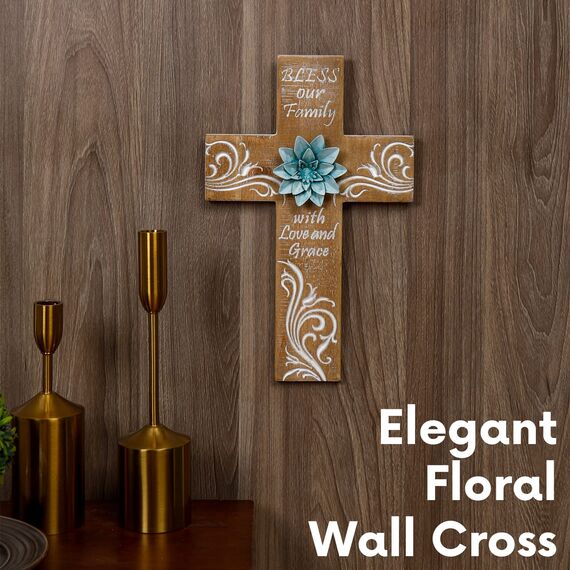 BAYSBAI Kreuz-Wanddekoration mit Metallblume – Segen Sie unsere Familie, Kreuzdekoration, Perlenhandwerk – religiös, spirituell, christlich, Kruzifix, orthodoxe Heimdekoration – Einweihungsgeschenke