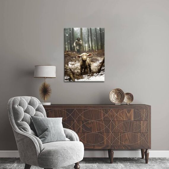 Jesus Christliche Wandkunst, Jesus rettet das verlorene Lamm Leinwand Wanddekoration, Religion Leinwandkunst Wanddekoration Poster Gemälde Drucke für Wohnzimmer, Schlafzimmer, Gebetsraum, gerahmt
