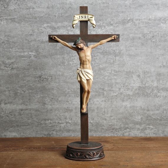 BC Katholisches Kruzifix, stehendes Kreuz, Jesus Christus, Tischdekoration, religiöses Geschenk, Holzschnitzerei, realistisches Finish, 27,7 cm hoch, handbemalt von Buildclassic