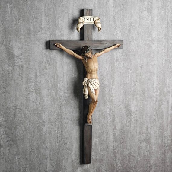 BC Katholisches Kruzifix-Wandkreuz in 61 cm H Jesus Christus Innendekoration, Sammlerstück, religiöses Geschenk, Renaissance-Skulptur, handgefertigt von Buildclassic