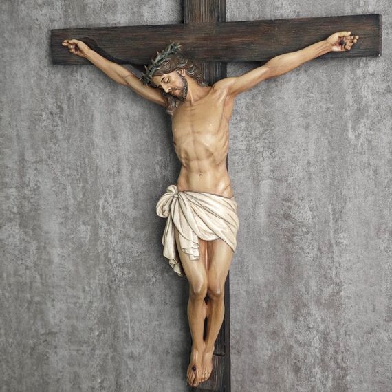 BC Katholisches Kruzifix-Wandkreuz in 61 cm H Jesus Christus Innendekoration, Sammlerstück, religiöses Geschenk, Renaissance-Skulptur, handgefertigt von Buildclassic