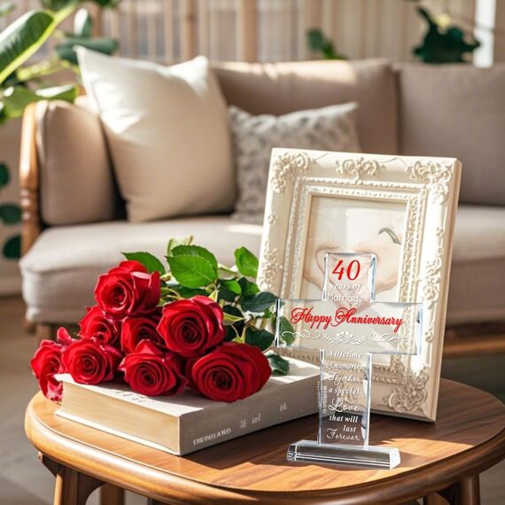 YWHL Kreuz zum 40. Hochzeitstag, Geschenke für Eltern, 40 Jahre Ehe, Glas, stehendes Kreuz, Andenken für Paare, 40 Jahre Jubiläumsdekorationen für Heimparty (20,1 x 14 cm)