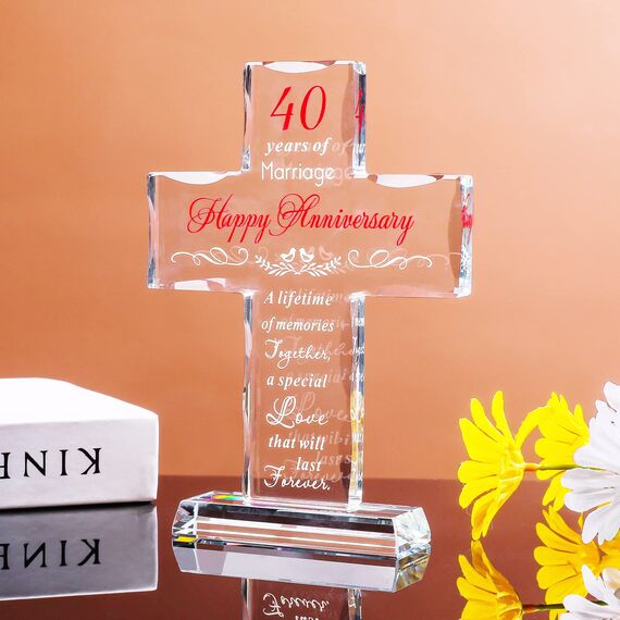 YWHL Kreuz zum 40. Hochzeitstag, Geschenke für Eltern, 40 Jahre Ehe, Glas, stehendes Kreuz, Andenken für Paare, 40 Jahre Jubiläumsdekorationen für Heimparty (20,1 x 14 cm)