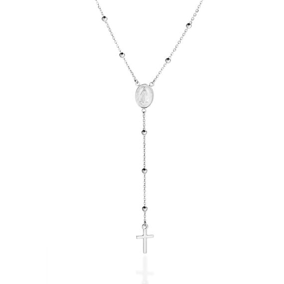 QUADRI - Elegante Rosenkranzkette aus 925er Silber, Medaille der Jungfrau Maria und poliertem Kreuz - Halskette Länge 48 + 7.50 cm Anhänger - Made in Italy Zertifikat