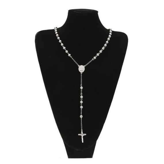 JewelryWe Schmuck Herren Edelstahl Halskette, Rosenkranz Jesus Christus Kruzifix Kreuz Kugelkette Kette, Silber 95cm, mit Geschenk Tüte