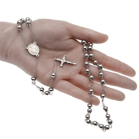 JewelryWe Schmuck Herren Edelstahl Halskette, Rosenkranz Jesus Christus Kruzifix Kreuz Kugelkette Kette, Silber 95cm, mit Geschenk Tüte
