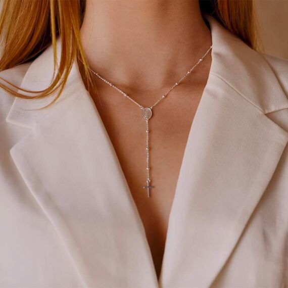 QUADRI - Elegante Rosenkranzkette aus 925er Silber, Medaille der Jungfrau Maria und poliertem Kreuz - Halskette Länge 48 + 7.50 cm Anhänger - Made in Italy Zertifikat