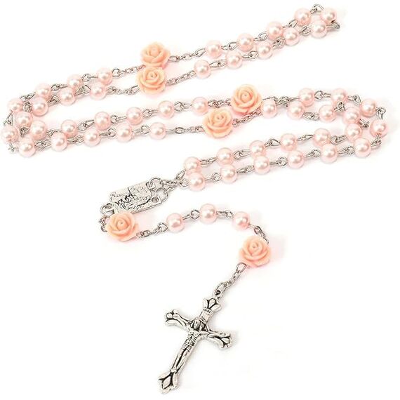 Nazareth Store Katholische rosa Perle Perlen Rosenkranz Halskette 6pcs Unsere Rose Lourdes Medaille & Kreuz NS