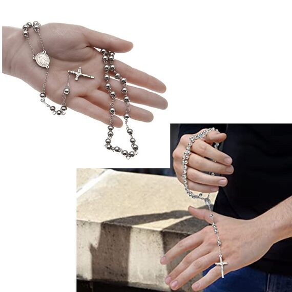 JewelryWe Schmuck Herren Edelstahl Halskette, Rosenkranz Jesus Christus Kruzifix Kreuz Kugelkette Kette, Silber 6mm Breit 75.5cm